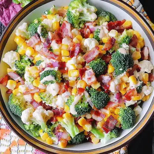 Creamy Broccoli, Cauliflower, Corn, Bacon Salad